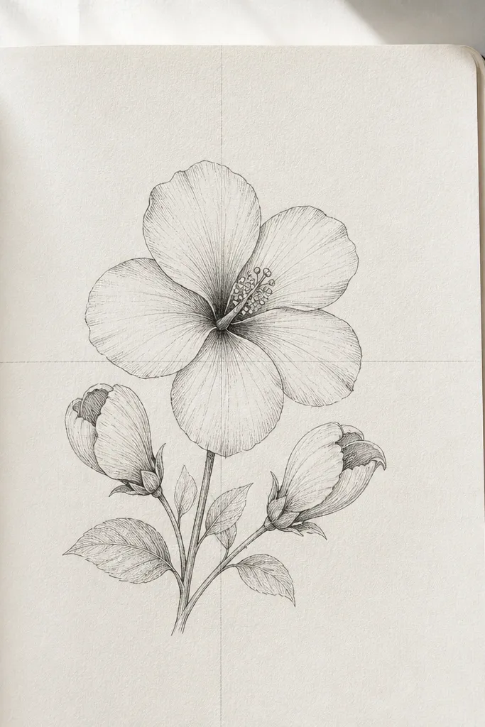 Two closed hibiscus buds beside one open hibiscus flower