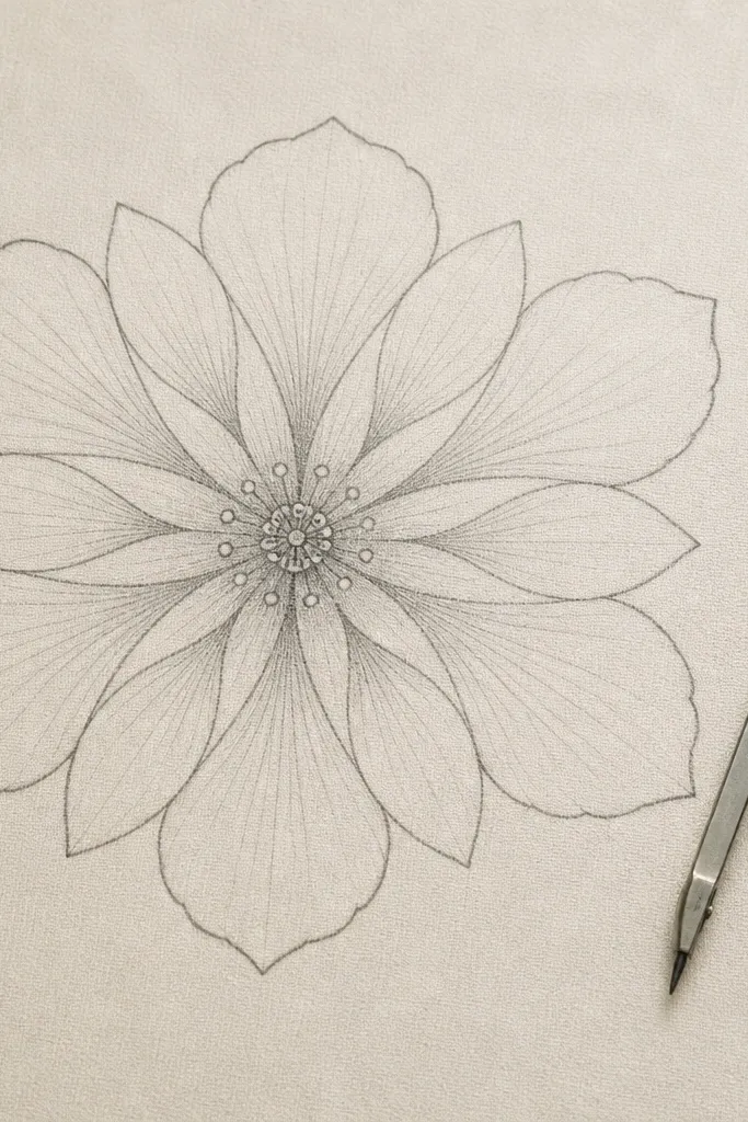 A hibiscus flower with ten petals arranged like a simple mandala