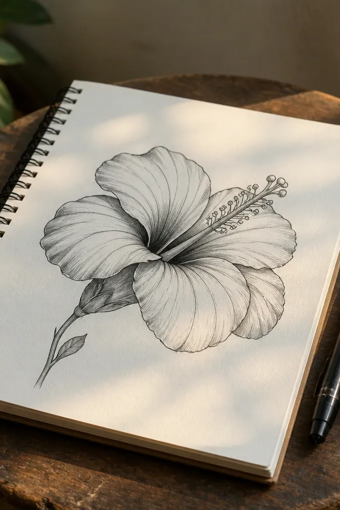 A hibiscus drawn from a side angle with curved layered petals