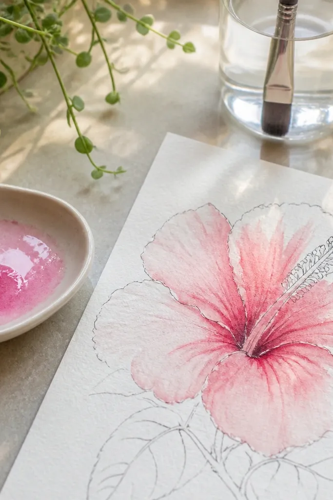 A hibiscus with light pencil lines and soft watercolor-like petal edges