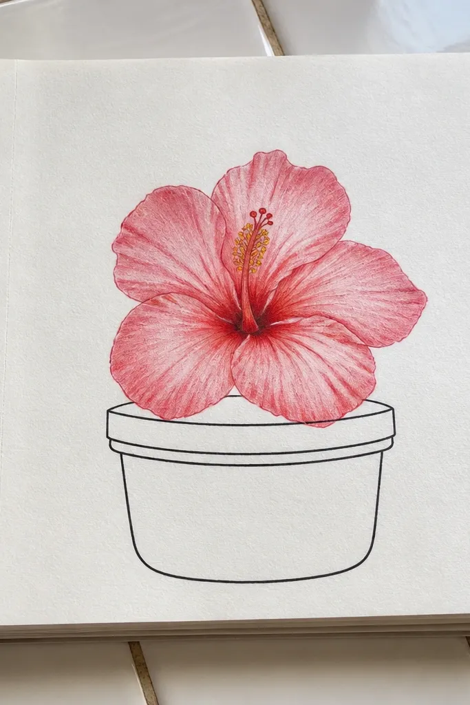 A hibiscus flower growing from a simple pot outline