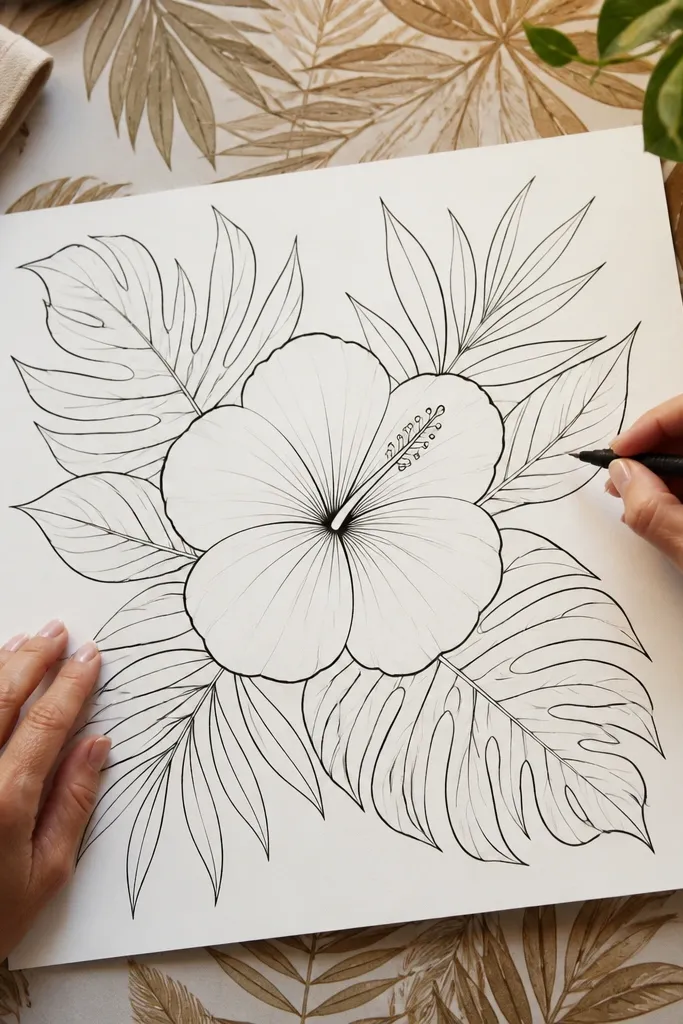 A hibiscus with surrounding tropical leaves like a simple border
