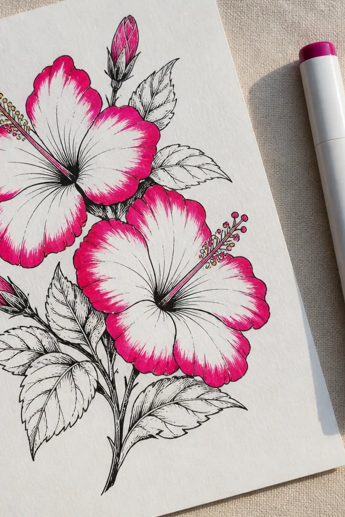 Black line hibiscus with colored edges on each petal