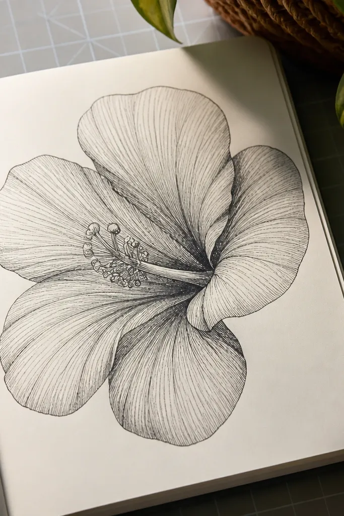 A hibiscus with cross-hatched shading inside the petals