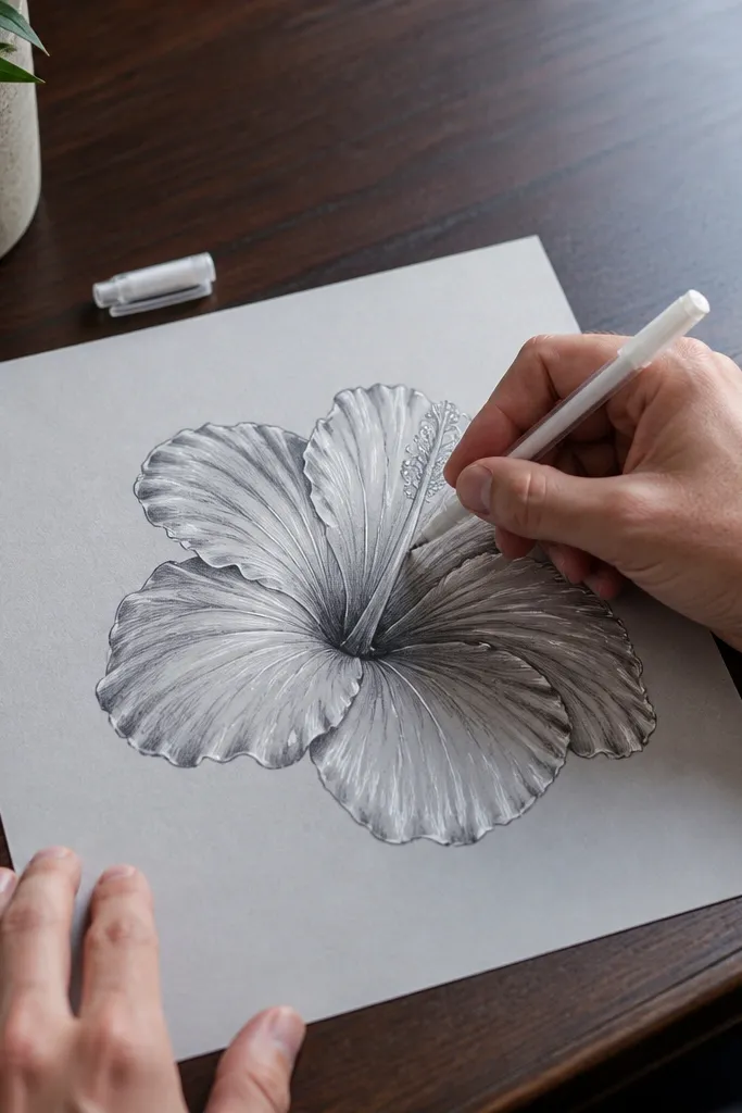 A pencil hibiscus with white gel pen highlights on petal edges