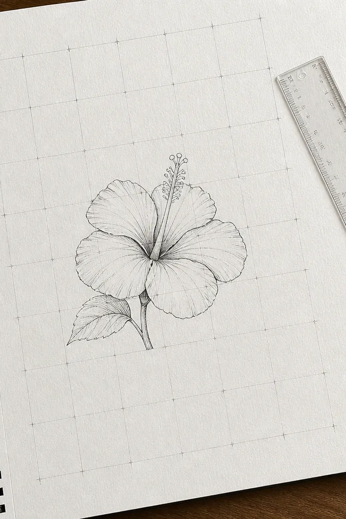 A hibiscus drawing placed on a simple grid background