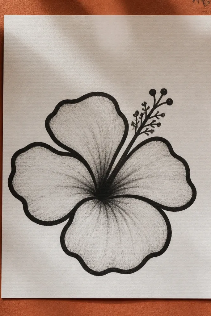 Bold marker outline hibiscus with soft pencil shading inside petals