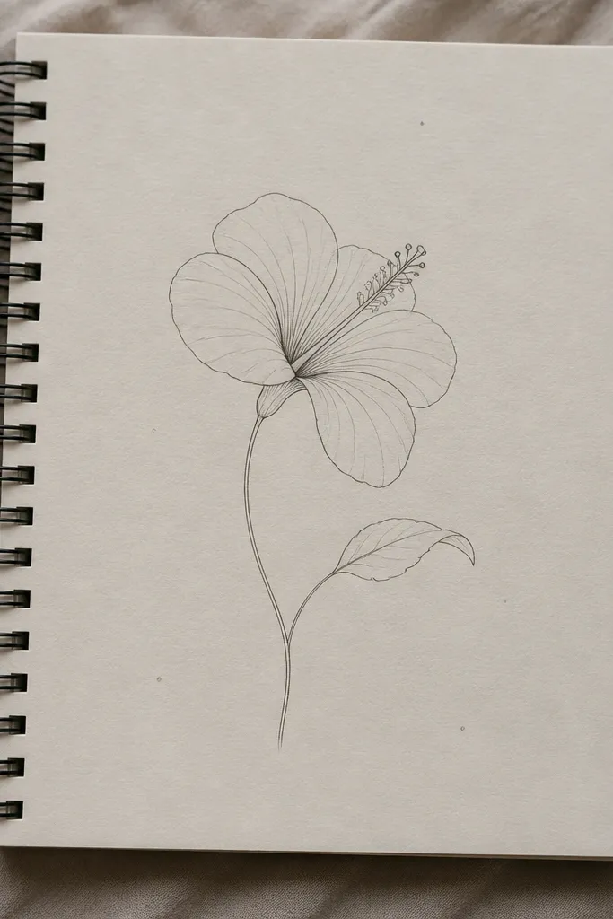 A minimal hibiscus with one-line stem and a single leaf