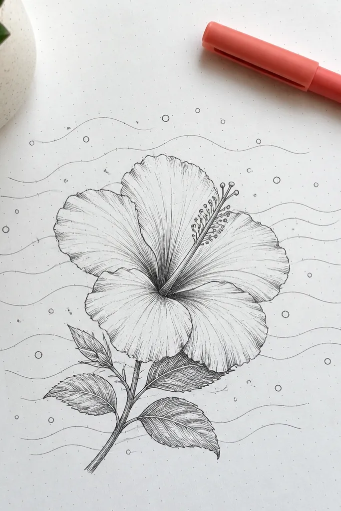 A hibiscus drawn over a background of dots and wave lines