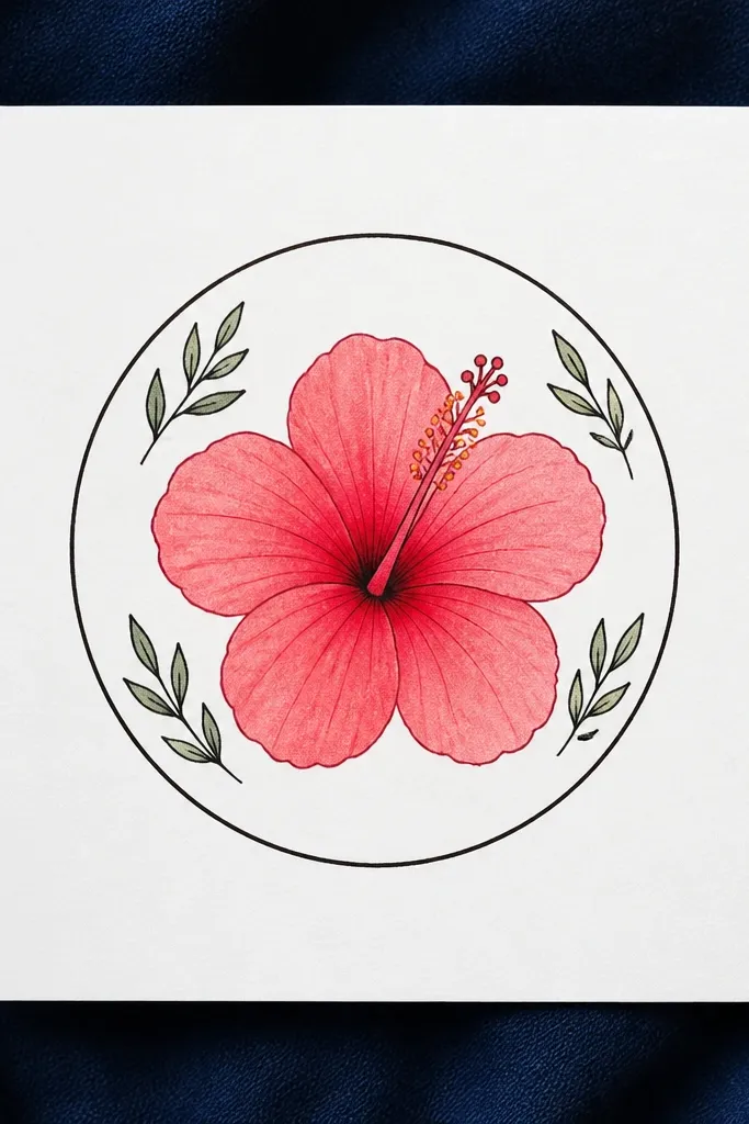 A hibiscus centered inside a circle frame with simple leaf accents