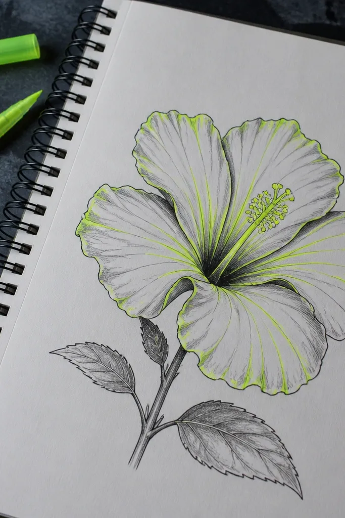 A hibiscus with neon gel pen lines on petals and a bright center