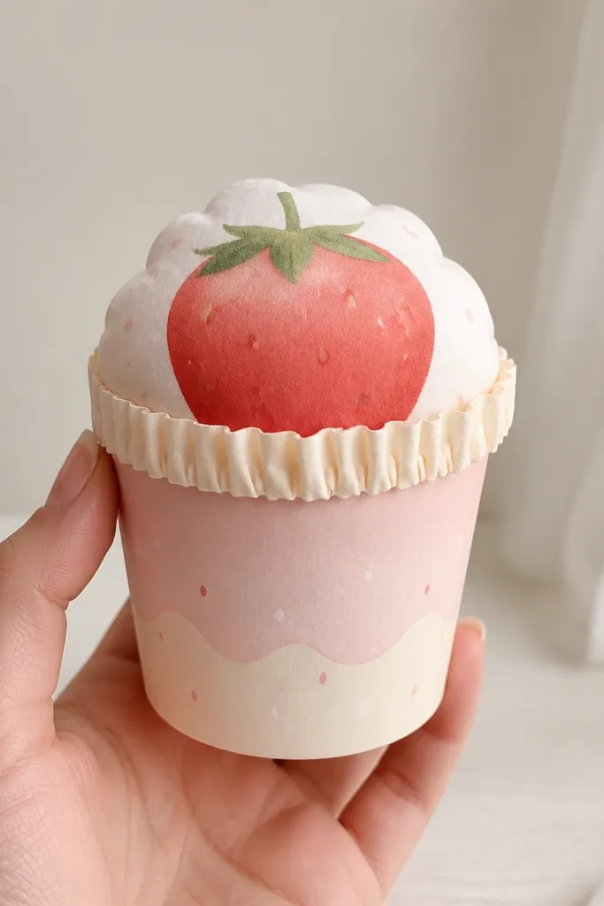 A small pastel cup-shaped paper squishy with a rounded top. The cup is light pink and cream, with a ruffled paper "cream" rim. Red strawberry seeds are tiny dots, and the strawberry body has a soft gradient from dark red at the bottom to lighter red near the top.