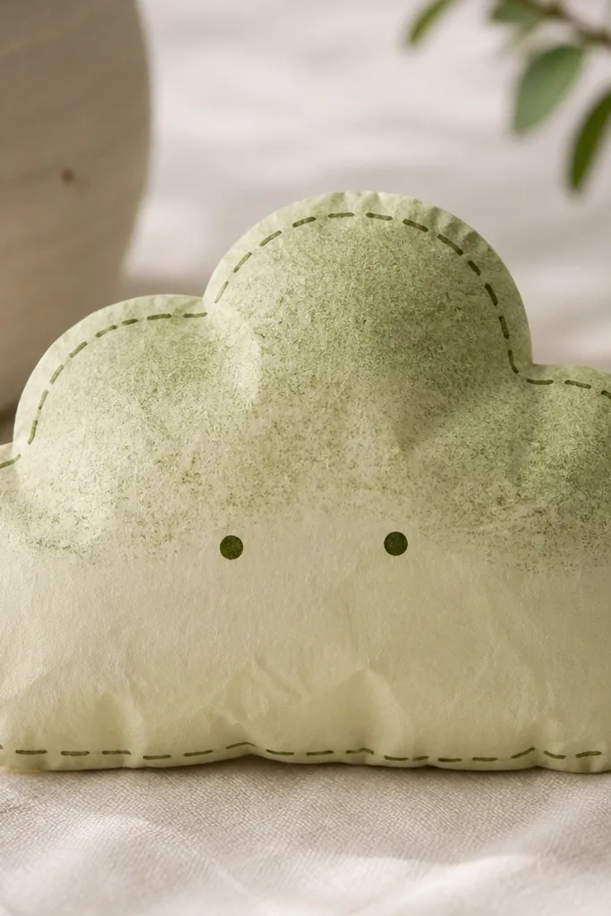 A cloud-shaped squishy made from pale green and light beige paper. The top has a soft darker green "dusting" pattern, and two tiny dots act like mochi eyes. A stitched-looking outline is drawn with a darker green marker.