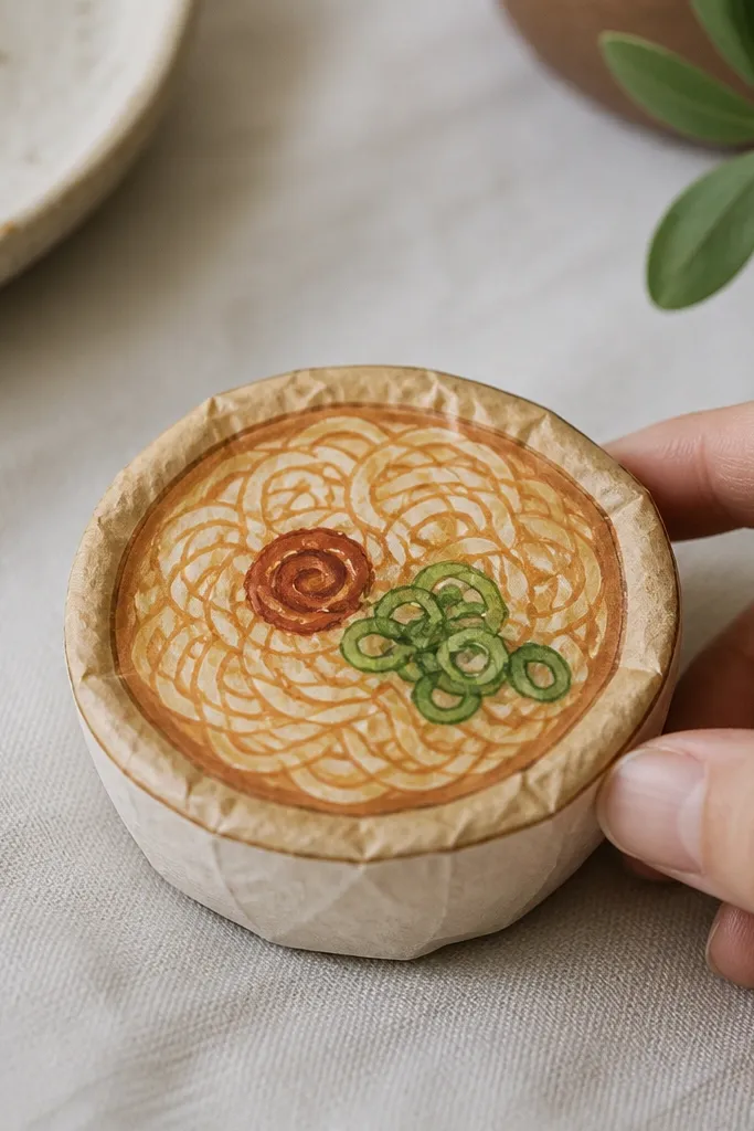 A tiny paper squishy shaped like a ramen bowl with a beige rim and a warm broth base. The noodles are drawn in curly lines on light cream paper. A soft red "chili" swirl and a green scallion strip sit on top.