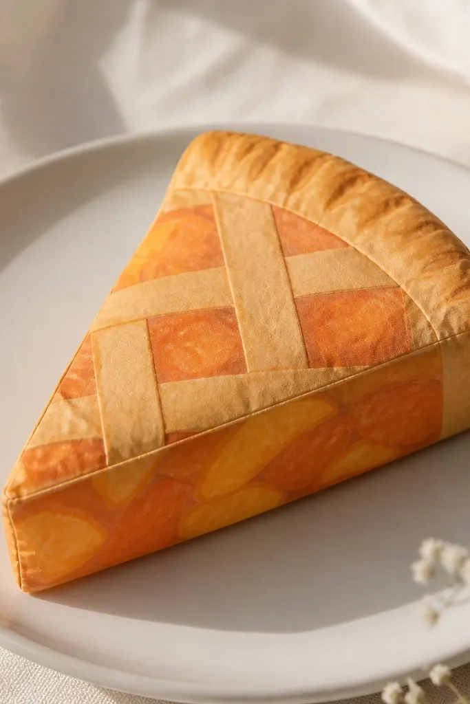 A wedge-shaped paper squishy like a peach pie slice. The crust is golden brown with a crimped edge look. The filling is peach orange with darker peach chunks, and a small lattice top stripe pattern is visible.