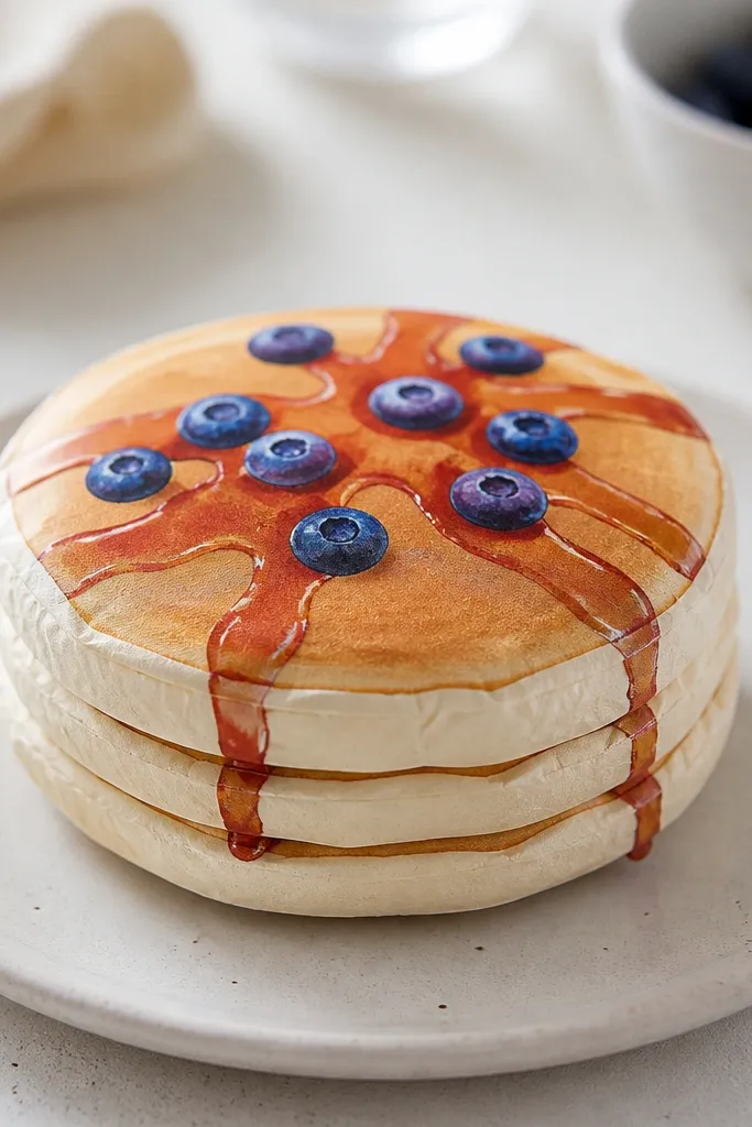 A paper squishy that looks like a small stack of pancakes. The top pancakes are light golden with darker syrup lines. Blueberry circles are scattered on top, and a thin red-brown "syrup drip" runs down the side.