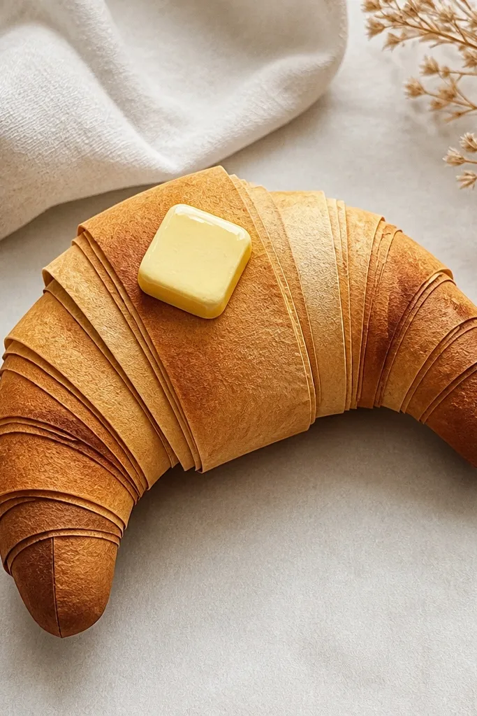 A crescent-shaped paper squishy croissant with layered paper folds. The crust is warm tan with darker brown edges. A small patch of pale yellow butter sits near the curve, with a glossy highlight line.