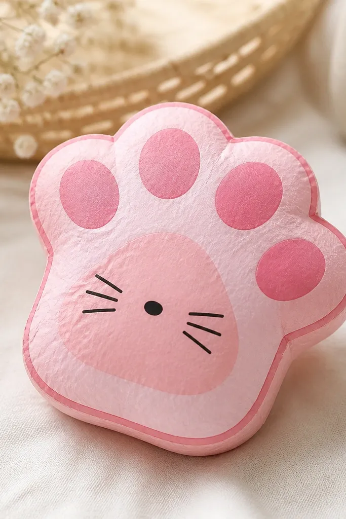 A cute paper squishy shaped like a cat paw. The main pad is blush pink with four rounded toe pads. Tiny black whisker lines and a small nose dot sit on the center, and a darker pink outline frames the shape.