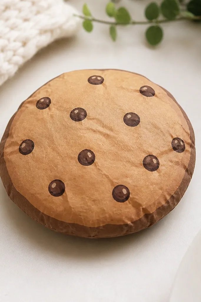 A round paper squishy cookie with a slightly domed top. The cookie is light brown with a darker brown outline. Chocolate chips are small dark circles scattered, with tiny lighter dots for shine.