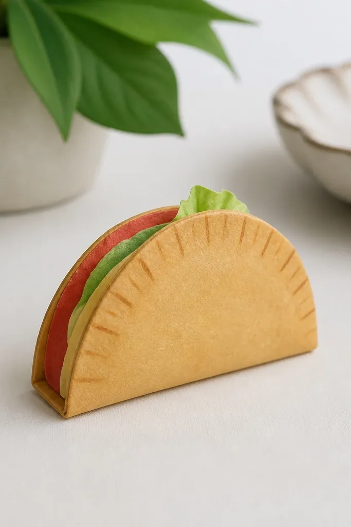 A small taco-shaped paper squishy. The shell is tan with darker crimp lines. The inside filling shows layered red, green, and pale yellow bands, and a tiny lettuce curl is visible on top.