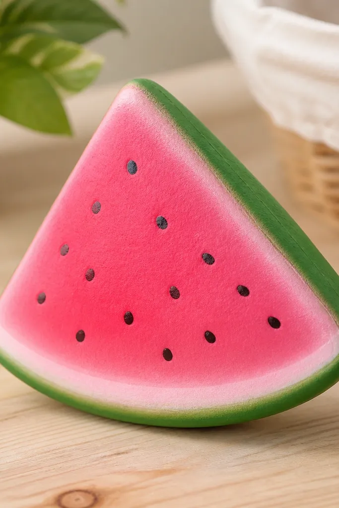 A wedge-shaped watermelon squishy with a green rind outline and bright pink center. Black seeds are scattered, and there's a lighter pink inner ring. The edges look slightly rounded like a real slice.