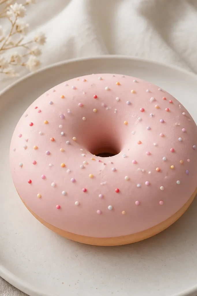 A circular donut squishy with a thick ring shape. The glaze is pale pink with a smooth matte finish. The center hole is slightly indented, and sprinkles are tiny colored dots across the top.