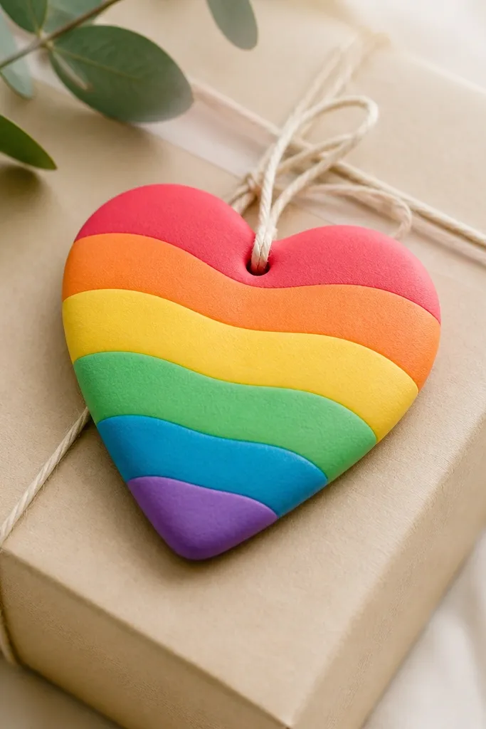A heart-shaped paper squishy that also works as a gift tag. The heart is layered with rainbow stripes (red through purple). A small loop at the top is visible, and the edges are rounded and soft.