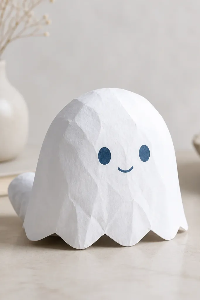 A cute ghost squishy made from white paper with a scalloped bottom. The ghost has two blue eyes and a small smiling mouth. A slightly puffier tail section is visible at the back.