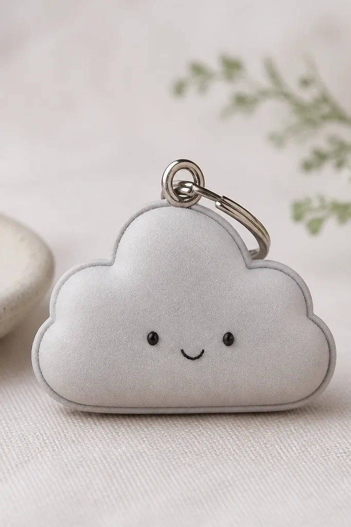 A keychain-sized cloud squishy with rounded edges. The cloud is light gray with a slightly darker outline. A small metal keyring loop is attached at the top, and the front has a tiny stitched mouth.