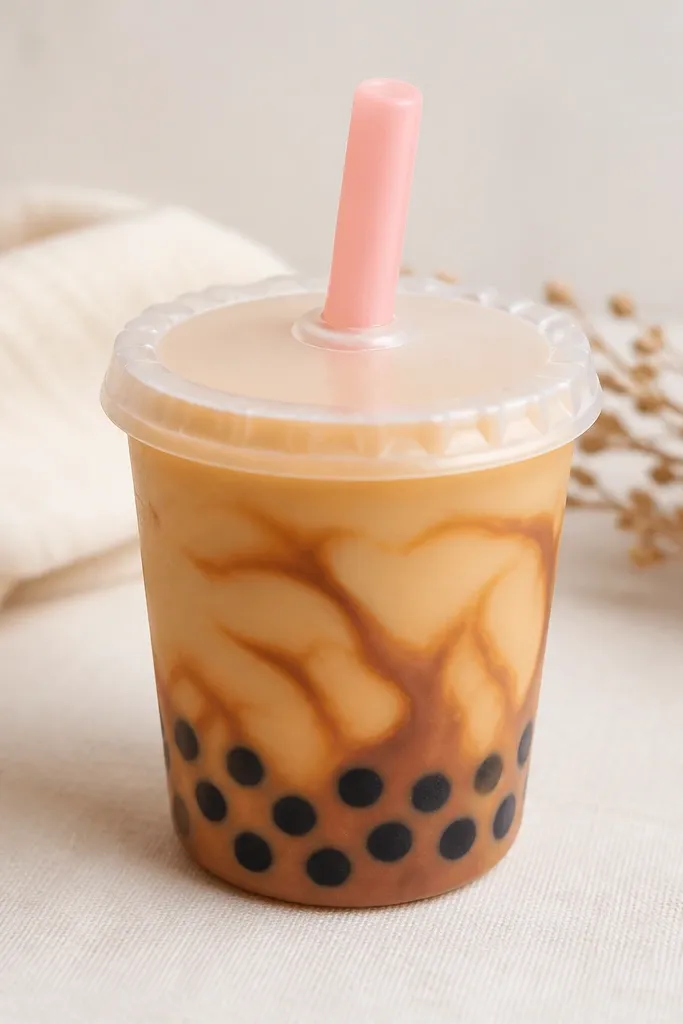 A bubble tea cup squishy with a translucent-looking lid. The cup is pale brown with a darker brown swirl. Pearls are small black circles clustered at the bottom, and a straw is drawn in light pink.