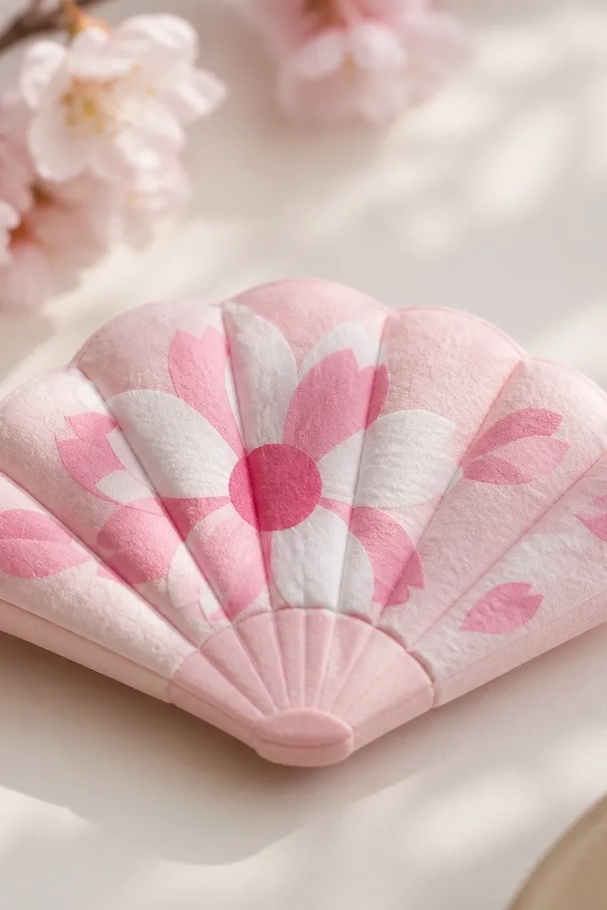 A small folding fan-shaped paper squishy with cherry blossom petals. The base is pale pink, and layered petals are painted white and pink. The center has a darker pink circle, and the fan looks puffy at the folds.