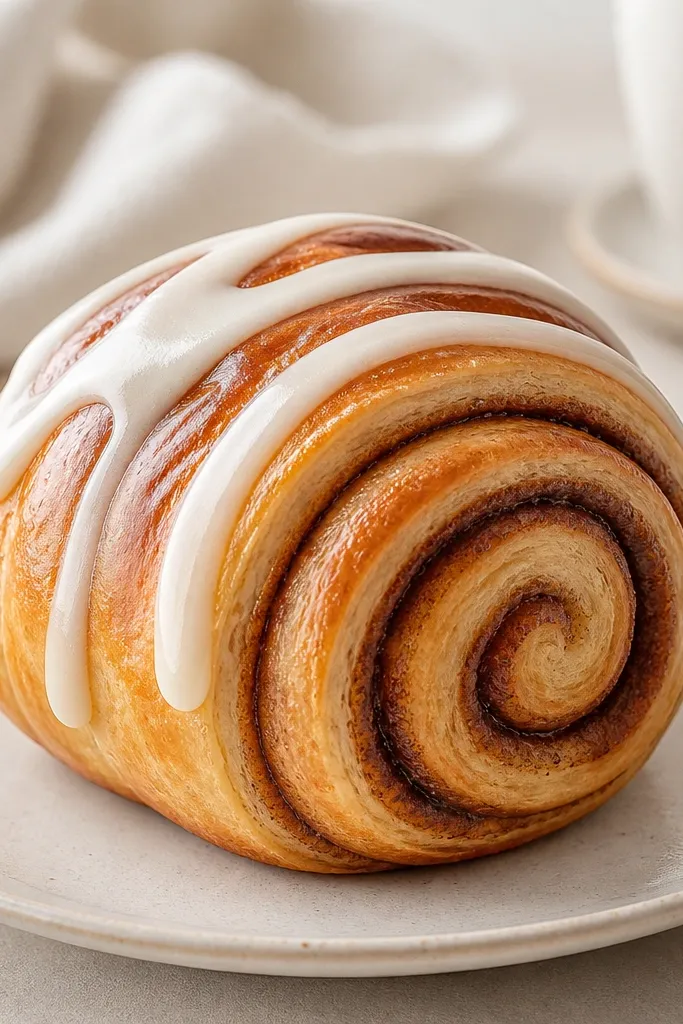 A rolled paper cinnamon bun squishy with spiraling layers. The roll is golden brown with darker brown spiral lines, and a white sugar glaze swirl drapes across the top. The edges are rounded, and the layers look layered.