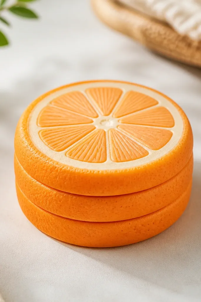 A layered orange slice squishy with a stacked look. The outer rind is bright orange with a lighter peel ring, and the inner segments are pale orange wedges. Small dots mimic peel texture on the outer ring.