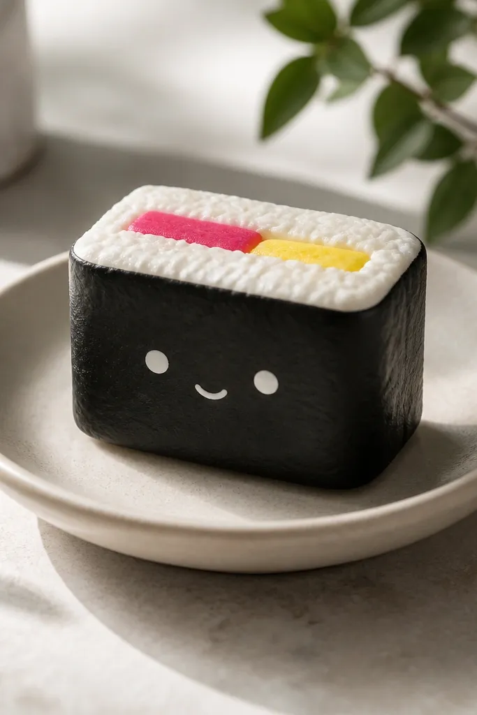 A small rectangular sushi roll squishy wrapped in dark seaweed paper. The rice top is light cream with tiny texture dots, and the filling stripe is bright pink and yellow. A single smiling face is drawn on the side.