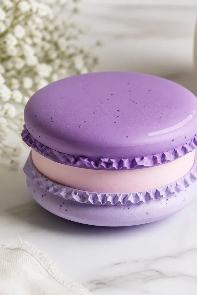 Two stacked macaron shells made of paper, with a purple top shell and a lighter lavender base shell. The filling is a pale pink paper band between them. Tiny speckled dots and a small highlight line make it look glossy.