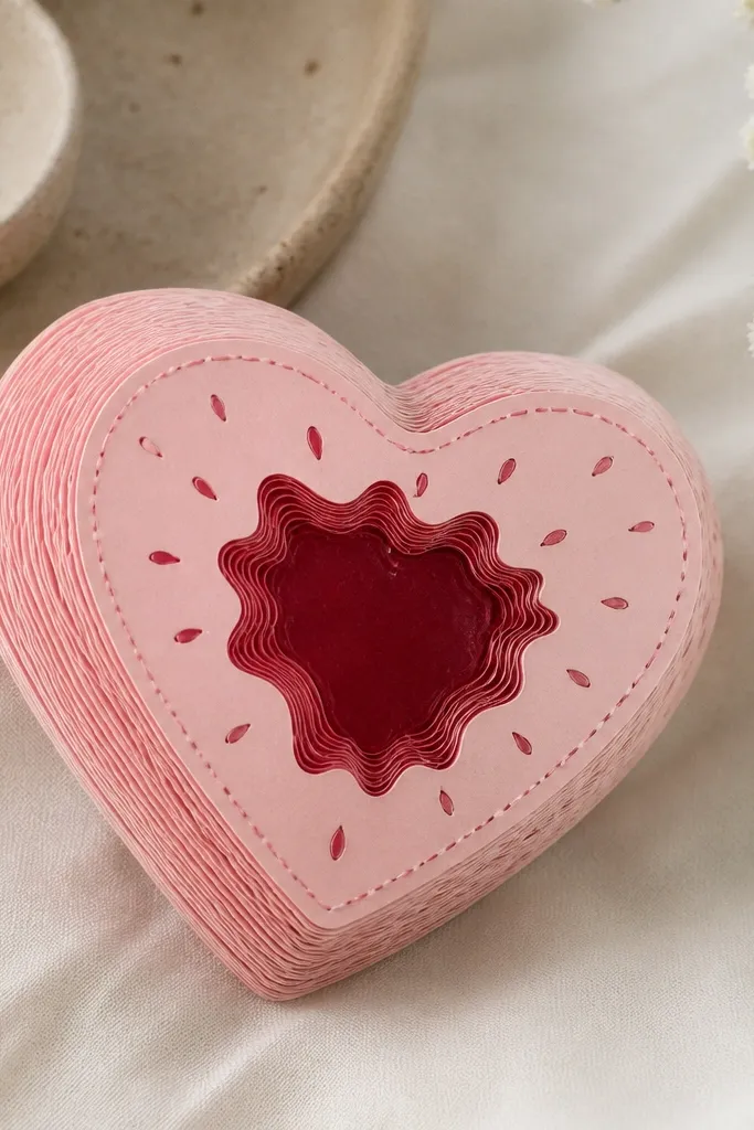 A heart-shaped squishy made from layered paper. The base is pale blush pink, with a darker red jam patch in the center. Small strawberry seeds are drawn around the jam patch, and a tiny stitched outline frames the heart.