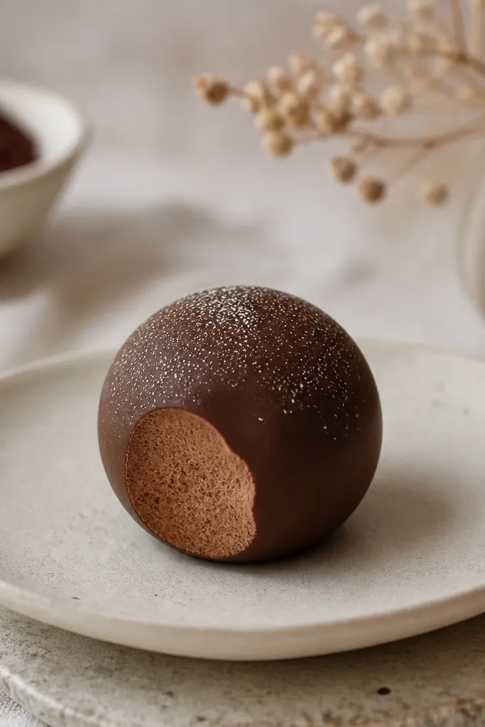A small round truffle squishy with a matte chocolate brown finish. A white speckle dusting covers the top, and a small cut-out bite mark is drawn on the side with a lighter cocoa interior.