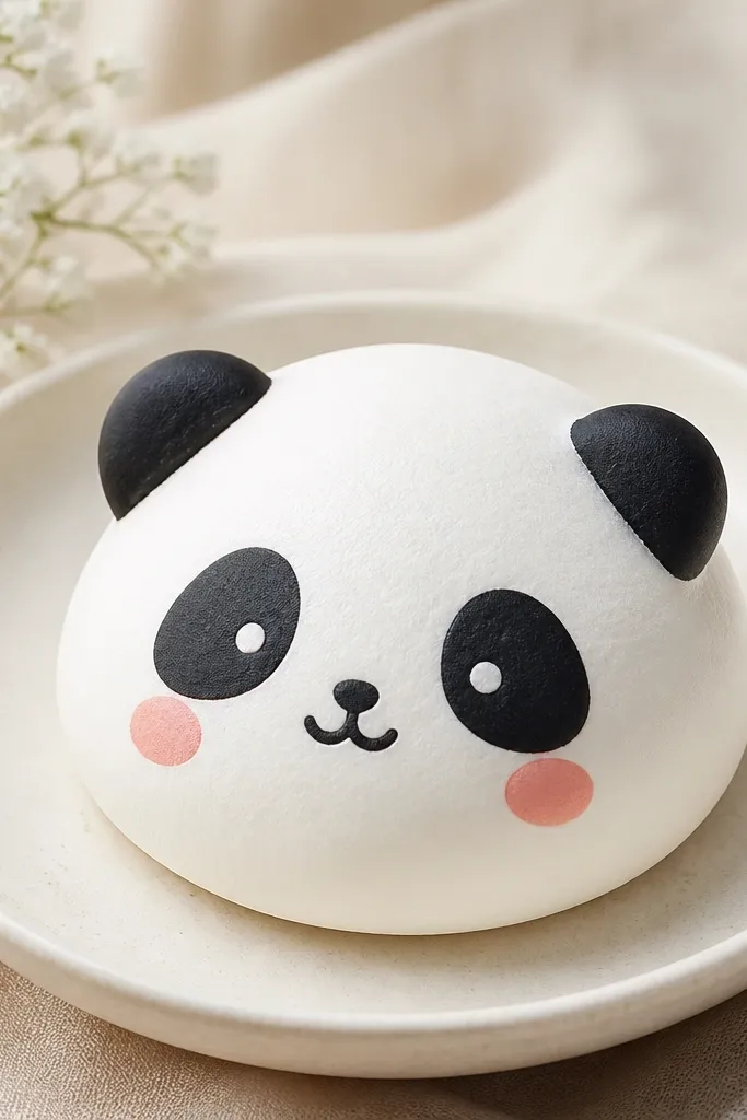 A panda-shaped paper squishy bun. The body is white with black ear and eye patches. The face has small blush pink cheek circles and a tiny black smile. The bun looks slightly domed at the center.