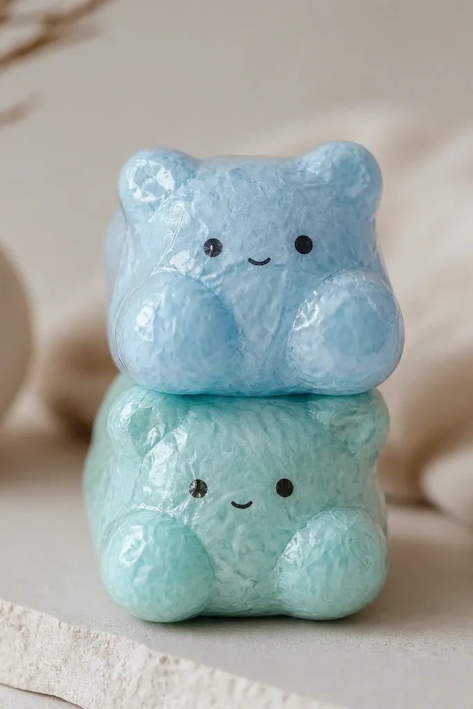 A stacked pair of gummy bear shaped paper squishies. The top bear is translucent-looking light blue, and the bottom is pale teal. Both have small drawn eyes and a tiny smile, and the stack has a slight dome.