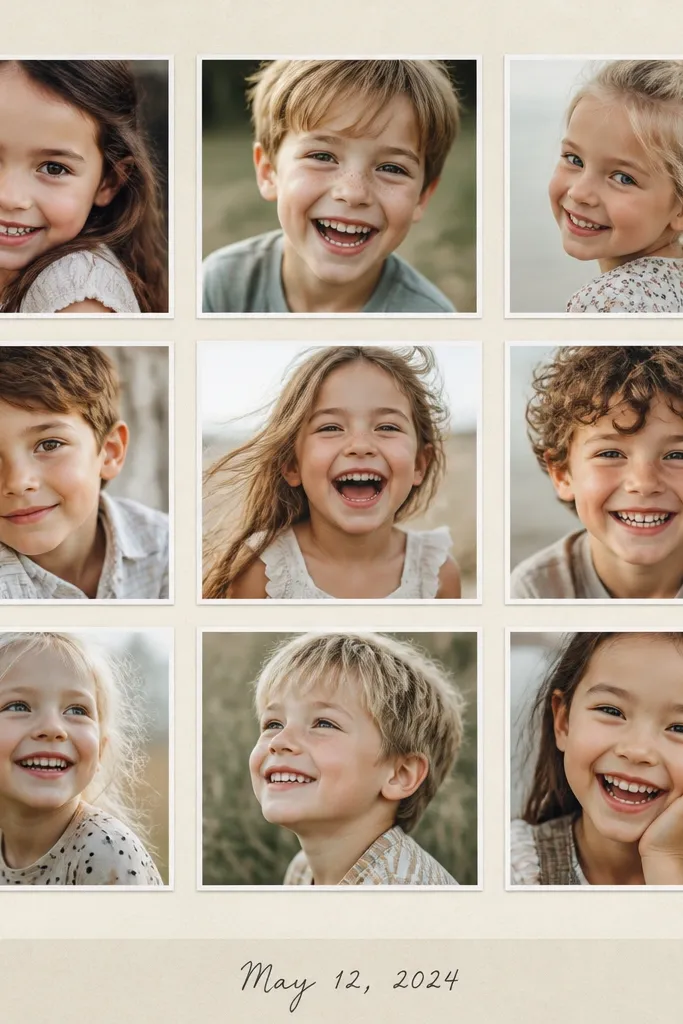 A cream cardstock background with a neat 3x3 grid of nine small rectangular photo prints, each with a thin white border. The photos are all kid close-ups with smiling faces, spaced evenly with thin gaps. A small footer strip at the bottom has a handwritten date in dark ink.