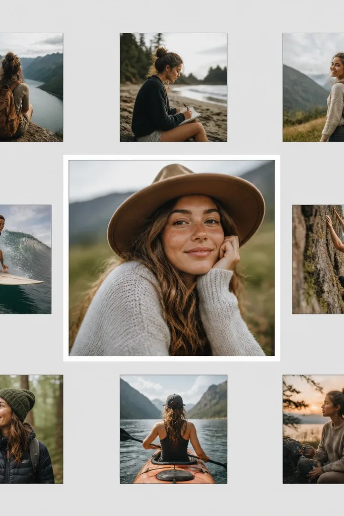A light gray background with one large square photo centered, surrounded by eight smaller photos in a ring. The hero photo is slightly sharper and has a white mat border; the smaller photos have thinner borders. The surrounding shots are mostly action moments and backgrounds.
