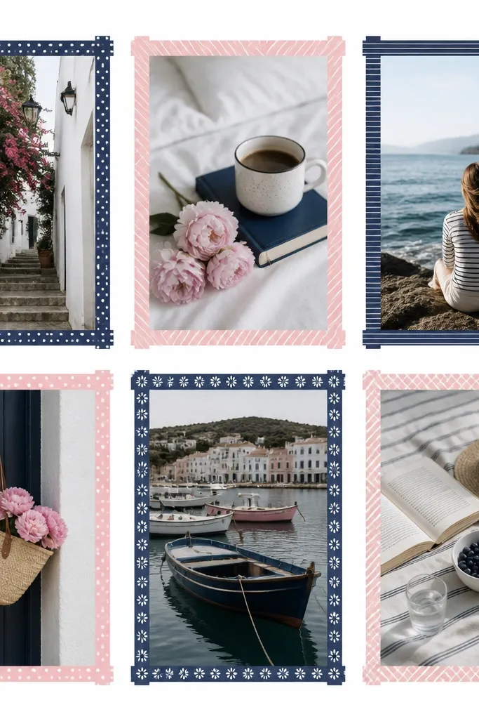 A white background with a collage of six photos arranged in two rows of three. Thin strips of patterned washi tape form a border around each photo, and the tape colors are limited to two: navy and light pink. The spacing between photos is even and the tape lines are straight.