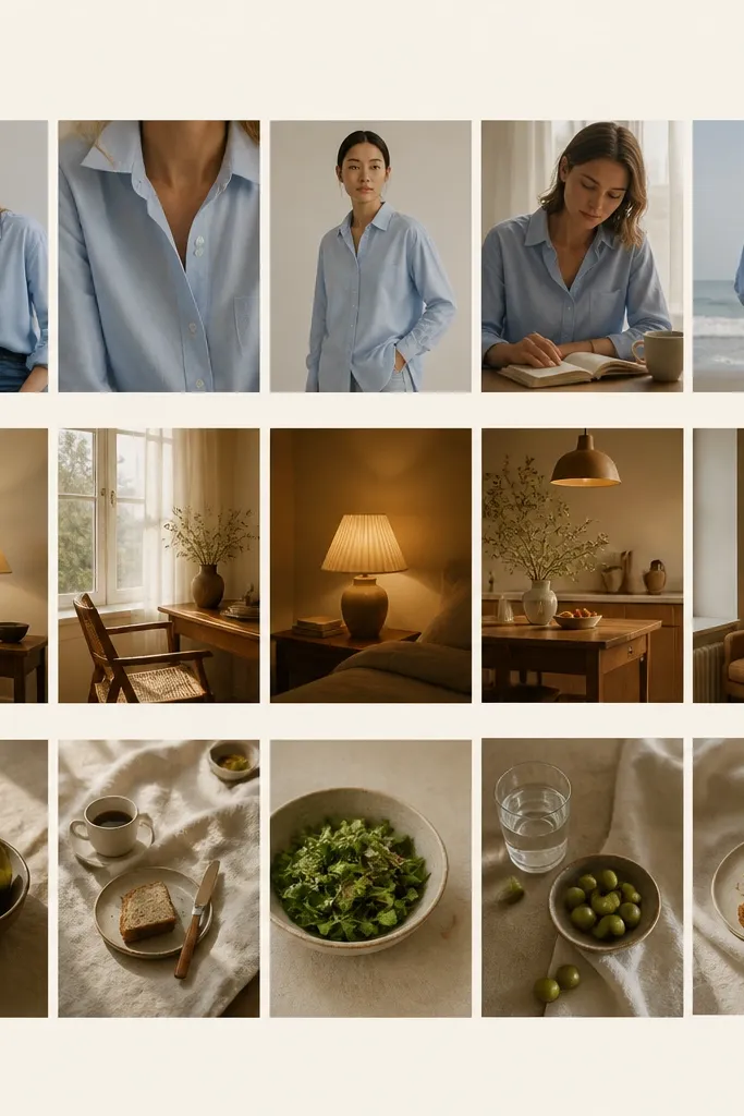 A light beige background with three horizontal strips across the page. Each strip contains multiple small photos that share a similar color tone, like all blue shirts in one strip and all warm indoor lighting in another. Photos are cut into uniform rectangles with thin white gaps.