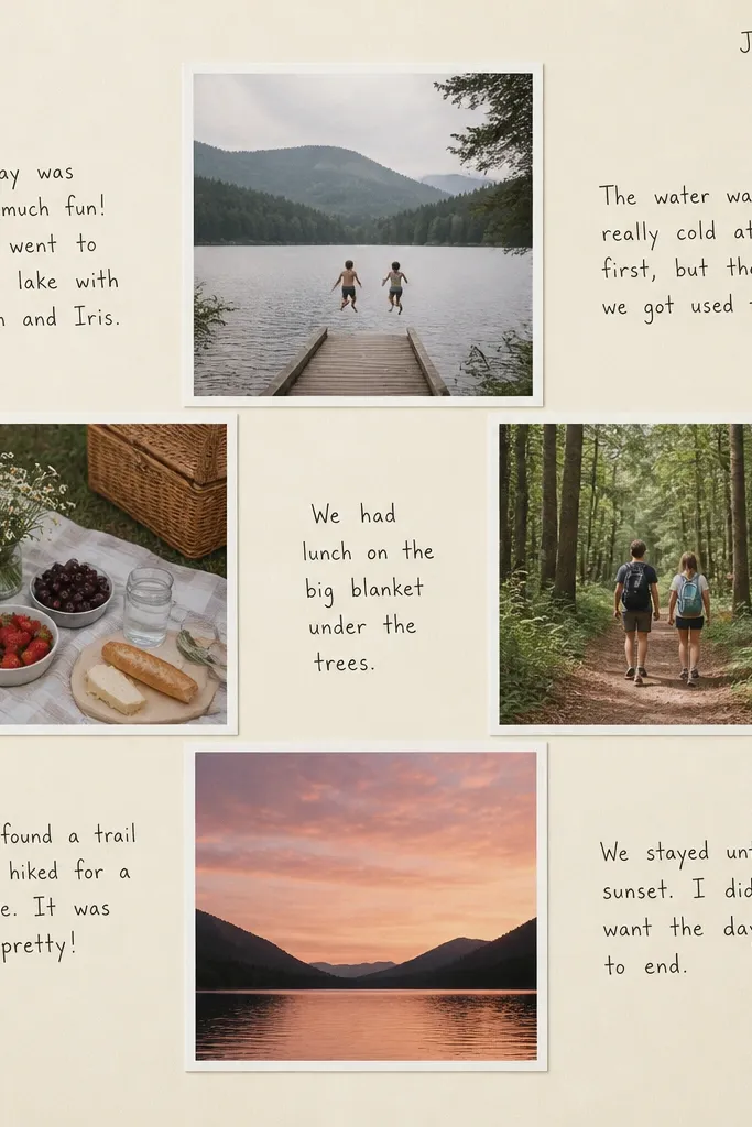 A cream page with four photos arranged in a cross pattern, each photo has a white border. Between the photos are short handwritten captions in black ink, with a date in the top corner. The handwriting looks like a kid's diary but it's neat and evenly spaced.
