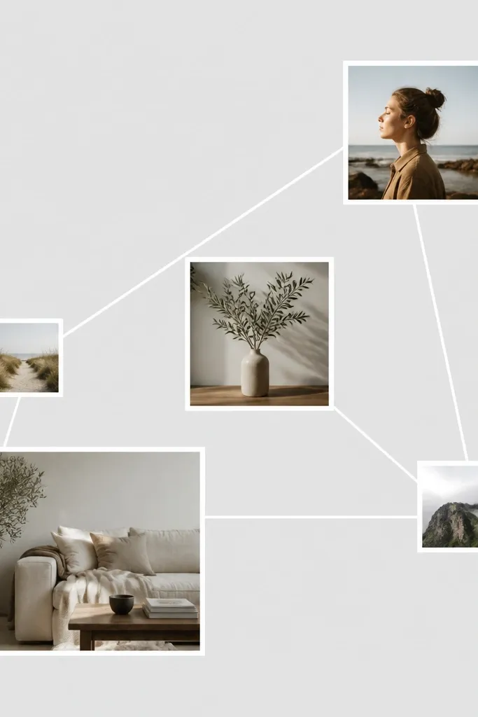 A light gray base with three photos forming a triangle: one large at the bottom left, one medium at top right, and one medium at center. Two more small photos sit along the triangle edges. The spacing is even and the triangle lines feel deliberate.