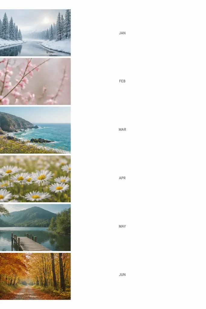 A white background with a vertical column of six photos down the left side. On the right, there are short month labels like JAN, FEB, MAR in a small font. The photos are all consistent in size and have thin white borders.
