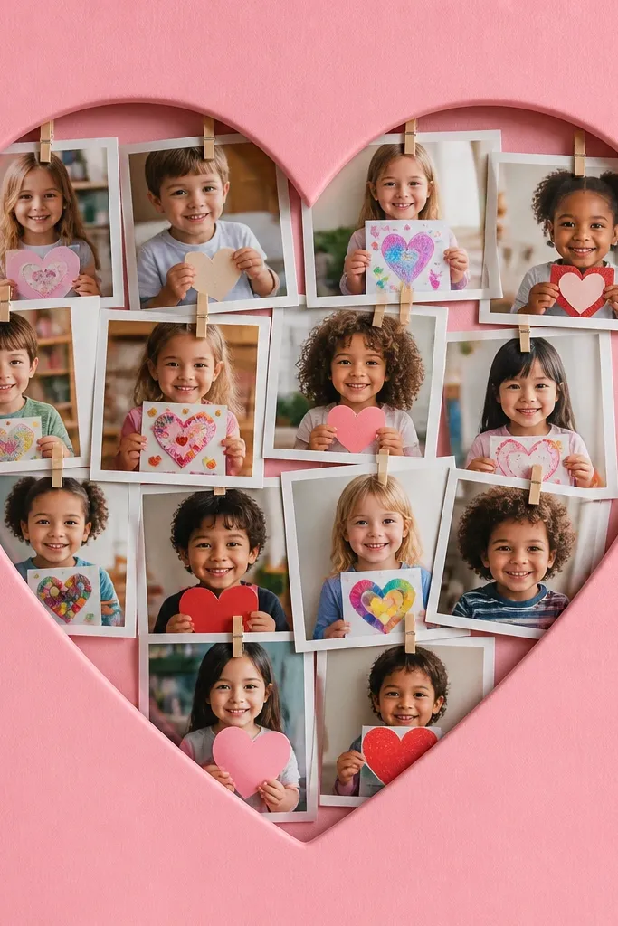 A pink-tinted background with a heart outline cut from cardstock. Inside the heart shape are multiple photos clipped in, with small white edges visible. The photos show children's faces and hands holding crafts, arranged so the heart is full.