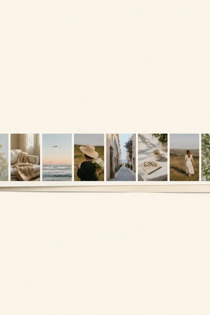 A cream background with one long horizontal strip of many small photos running across the page. The strip has a straight top edge and slightly layered bottom edges, like a ribbon. The photos are all the same height and have small white gaps.