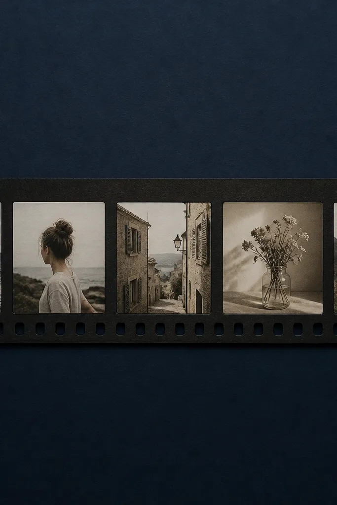 A dark navy background with a horizontal film strip made from black paper. The strip has evenly spaced "perforation" holes along the bottom edge, and small photos sit inside the film frames. The photos are slightly desaturated, giving a vintage look.