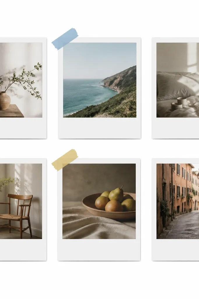 A white background with six Polaroid-style frames arranged in two rows of three. Each frame has a white mat and the photos inside match in border width. A single color washi tape appears only as a small strip on one corner of each frame.